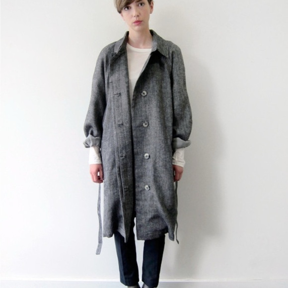 Base Range Jackets & Blazers - Base Range Lagenlook Sustainable Gray Wool Linen Blend Trench Coat‎ Size Medium